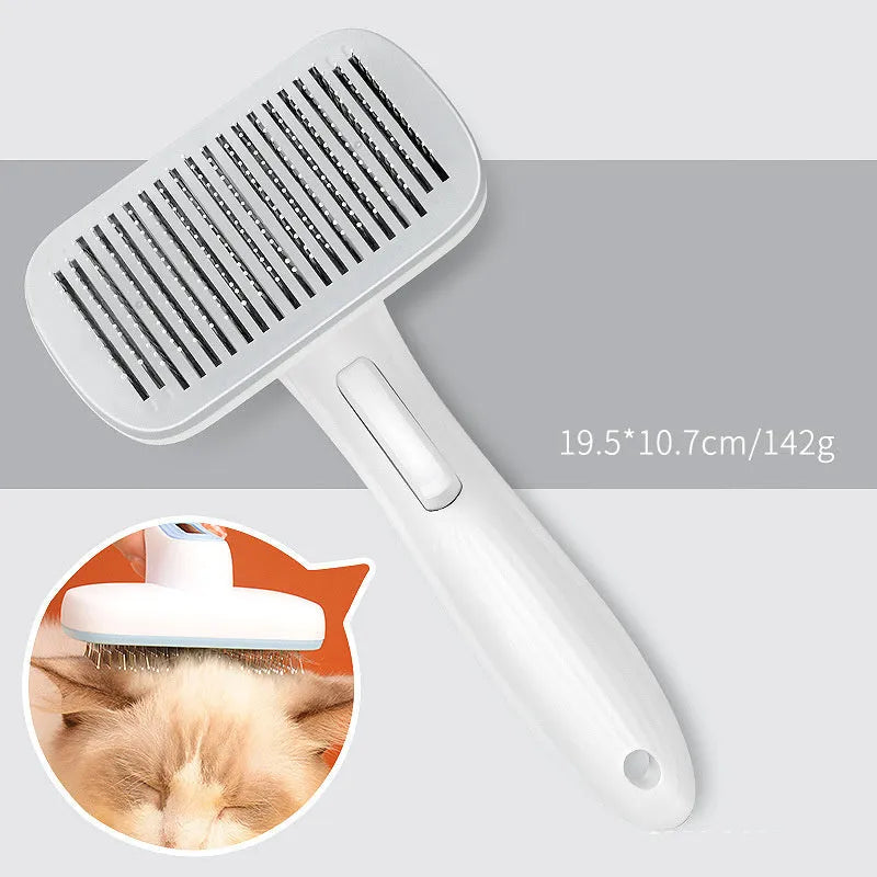 Automatic pet hair removal comb for dogs and cats in blue, grey, green, or pink with one-click needle technology