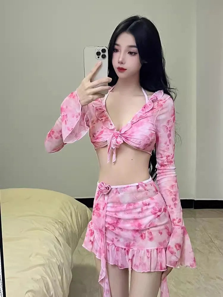 Women's floral bikini swimsuit set in cherry blossom pink colour.