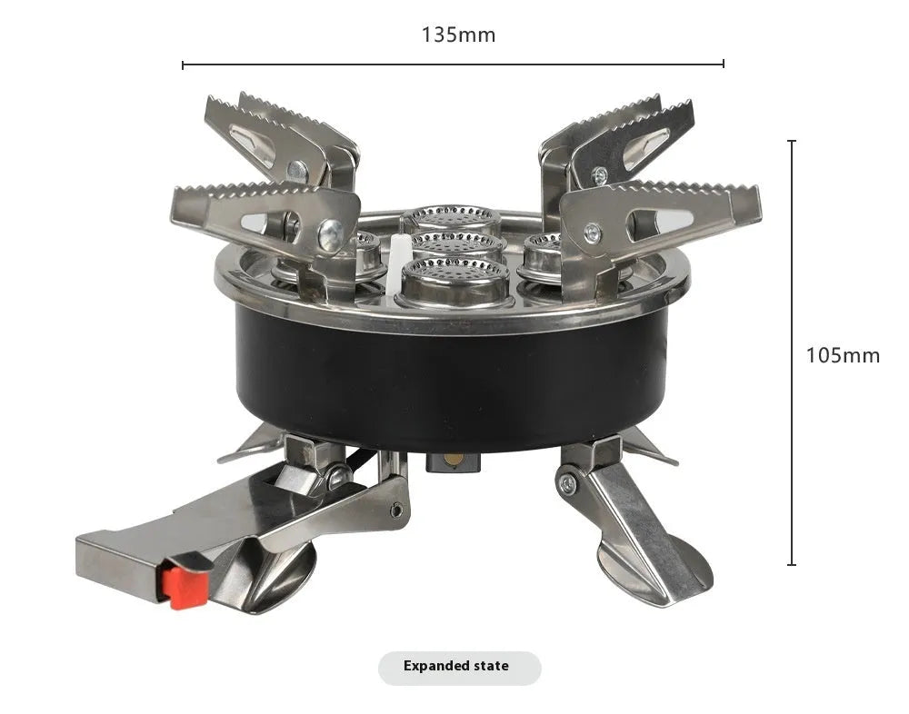 Silver portable split camping stove made of stainless steel and copper, showing its compact size and 100cm connecting hose.