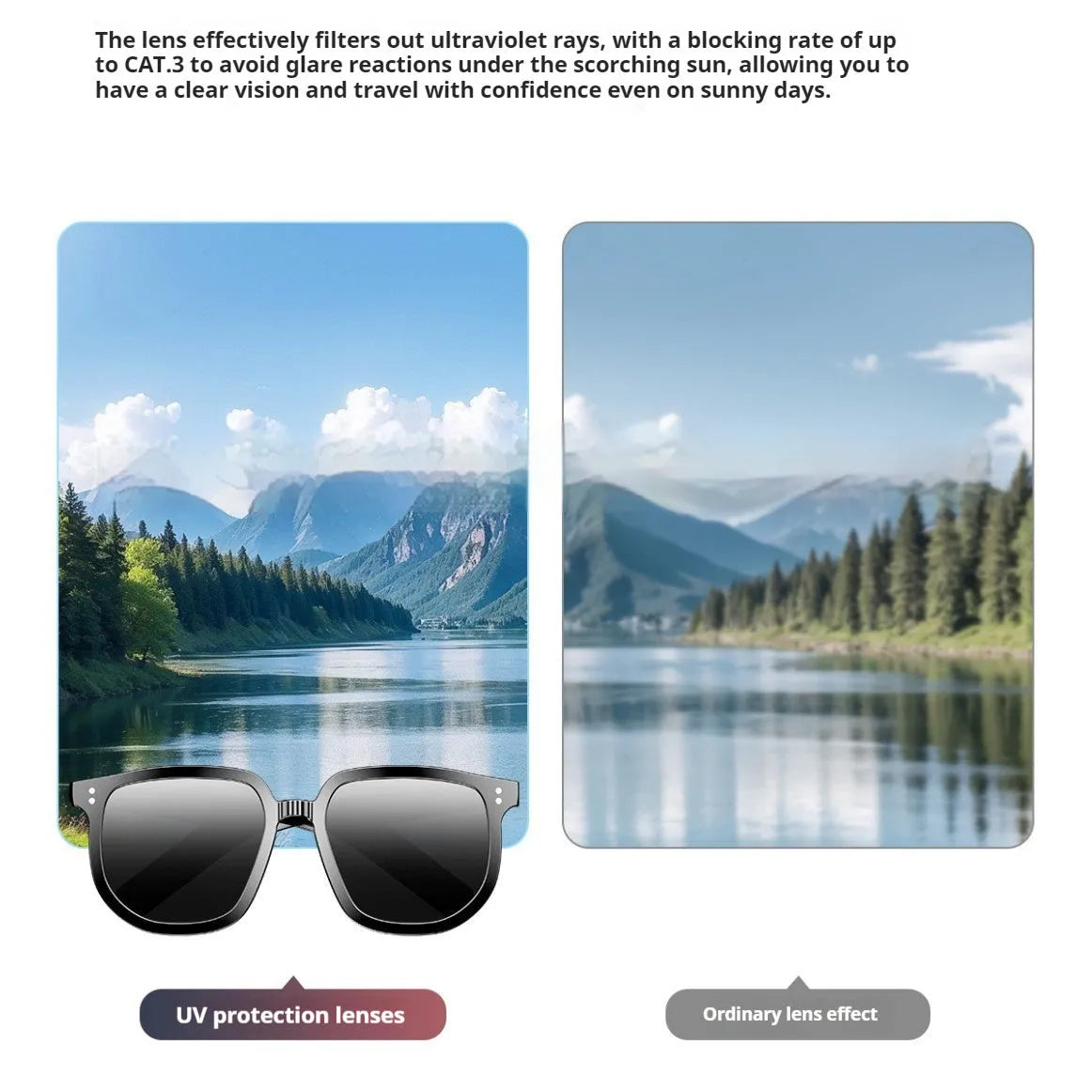 Black PC frame Bluetooth smart sunglasses with touch controls on the temple.