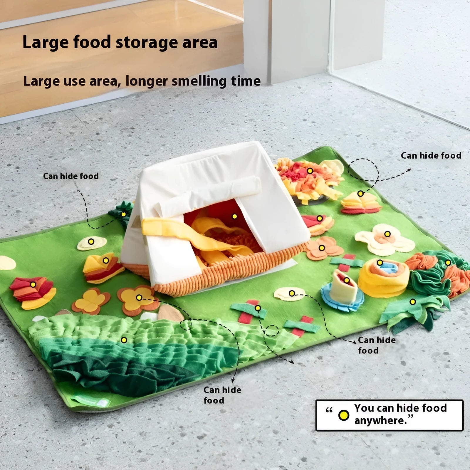 Fabric dog sniffing mat with themed pattern for hiding treats and kibble