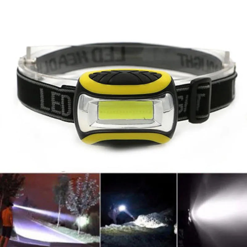 Yellow plastic three-speed LED headlamp for outdoor activities.