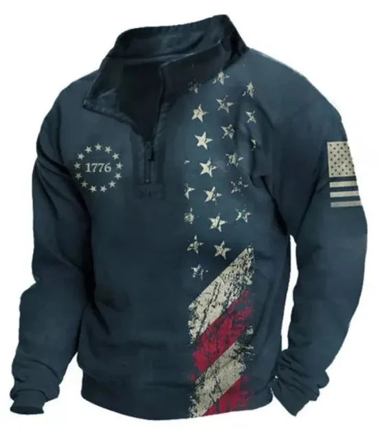 Man wearing a loose-fit, long-sleeve retro printed t-shirt with stripes and zipper decorations.