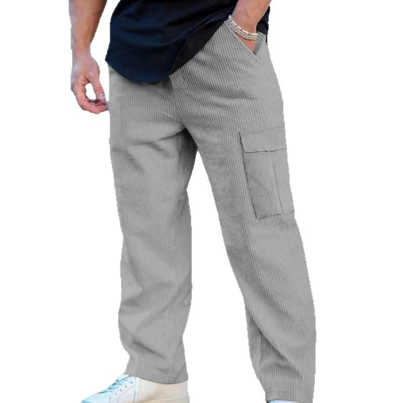 Men's corduroy cargo trousers in straight-leg design with drawstring waist available in multiple colours