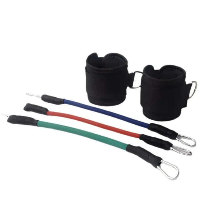 Black explosive force leg training pull rope set for taekwondo on a plain background.