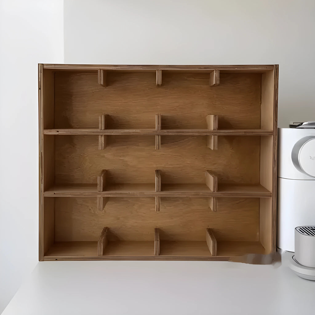 Solid wood square cup storage rack with multiple grid compartments in a birch wood meridian colour.