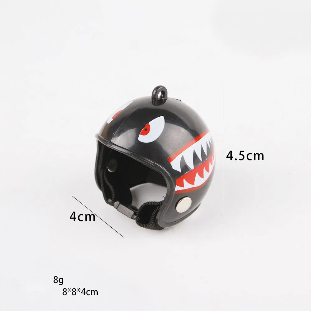 Small hard plastic pet helmet with elastic adjustment straps and sponge lining for chickens and birds