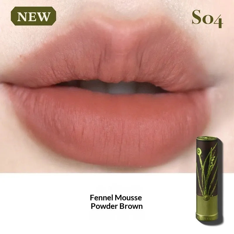Matte natural brown lipstick in nude earth tone shade with long-lasting formula on a white background