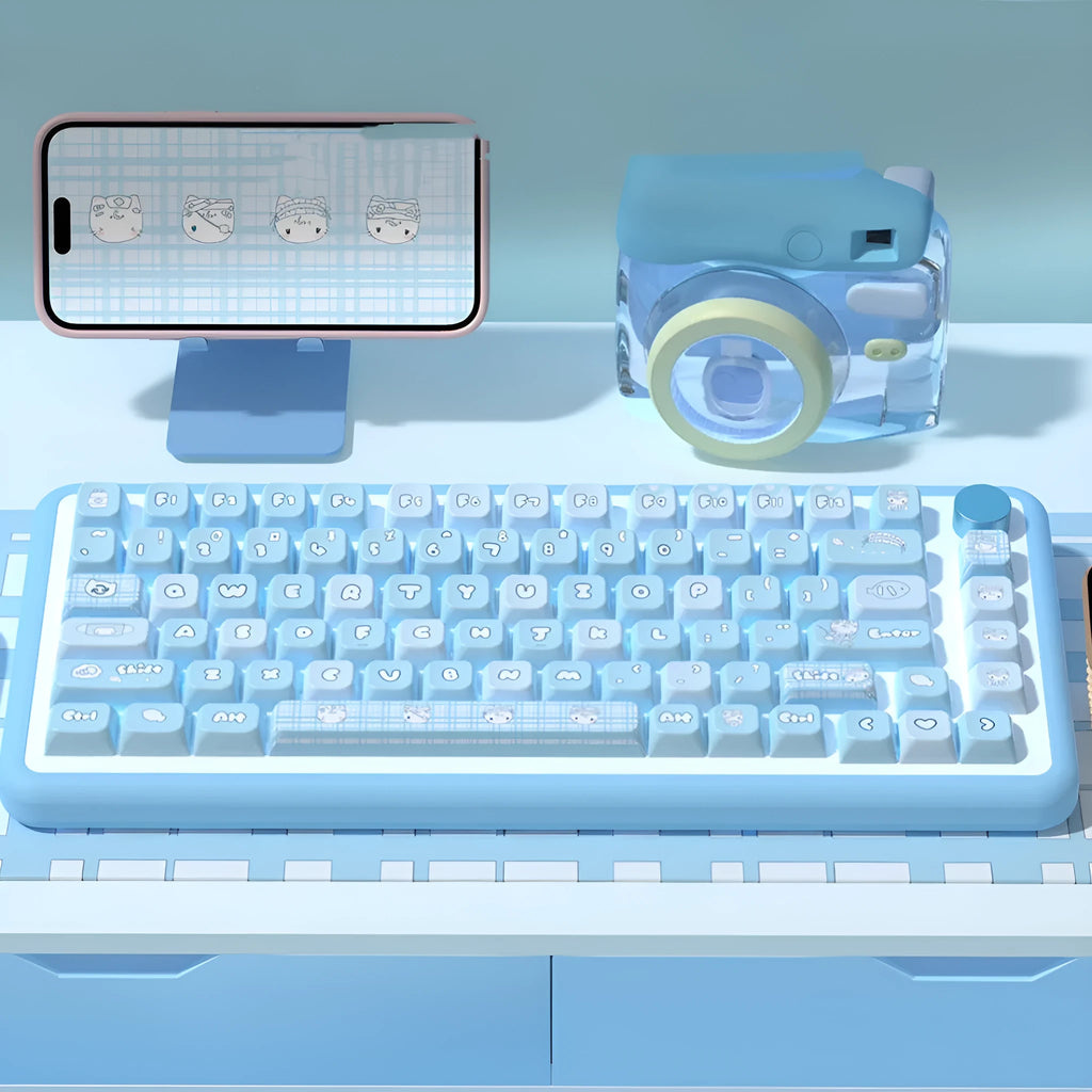 Watercolour kitten illustration custom keycap set for mechanical keyboard, showing multiple PTB keys with opaque legends.