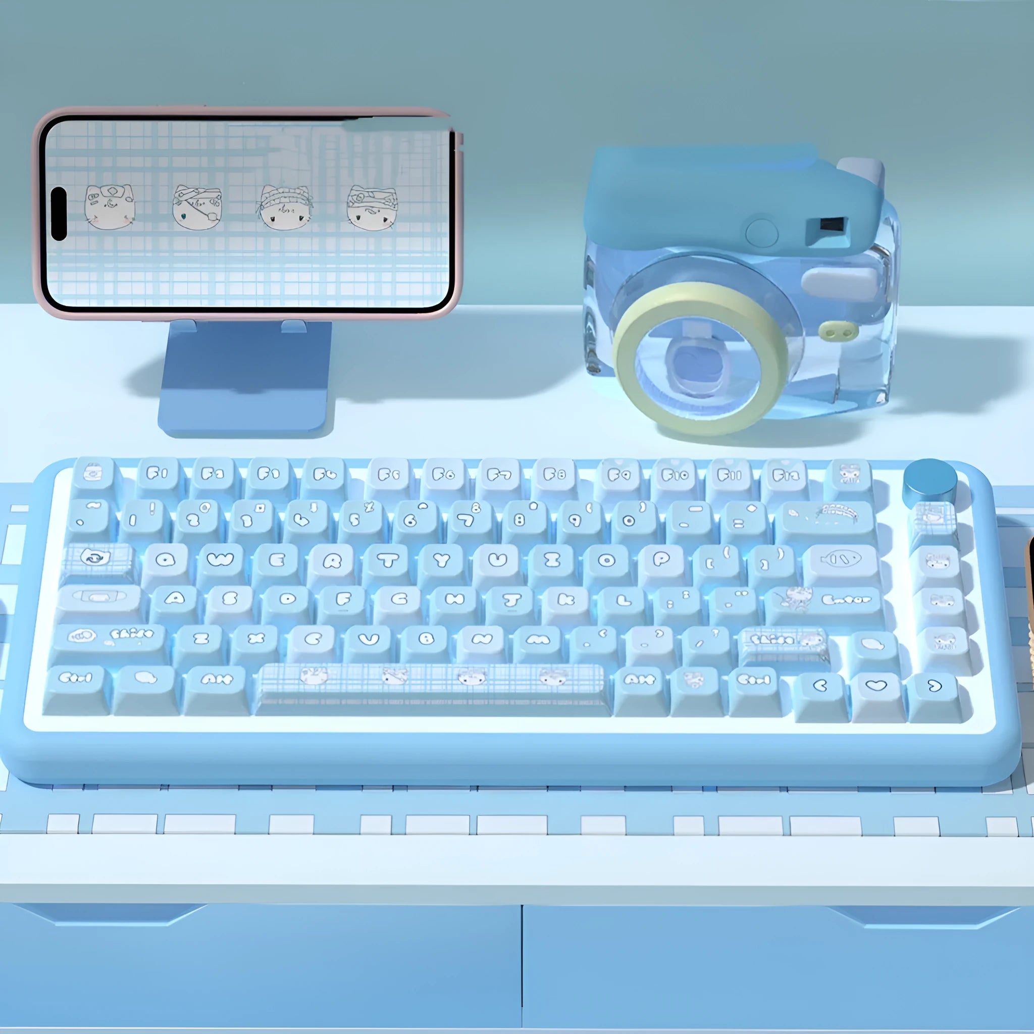 Watercolour kitten illustration custom keycap set for mechanical keyboard, showing multiple PTB keys with opaque legends.