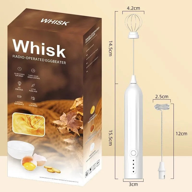 Black handheld electric milk frother with stainless steel whisk and USB charging port
