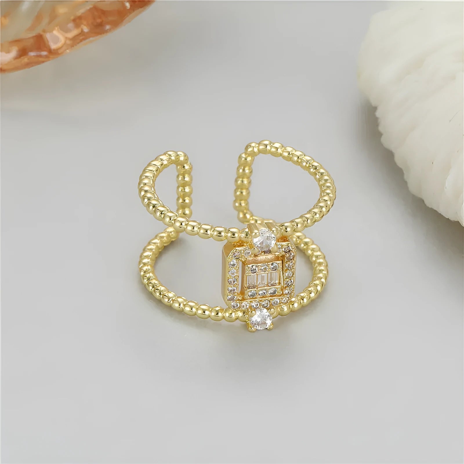 Gold-plated copper adjustable open ring with asymmetrical U-shape design