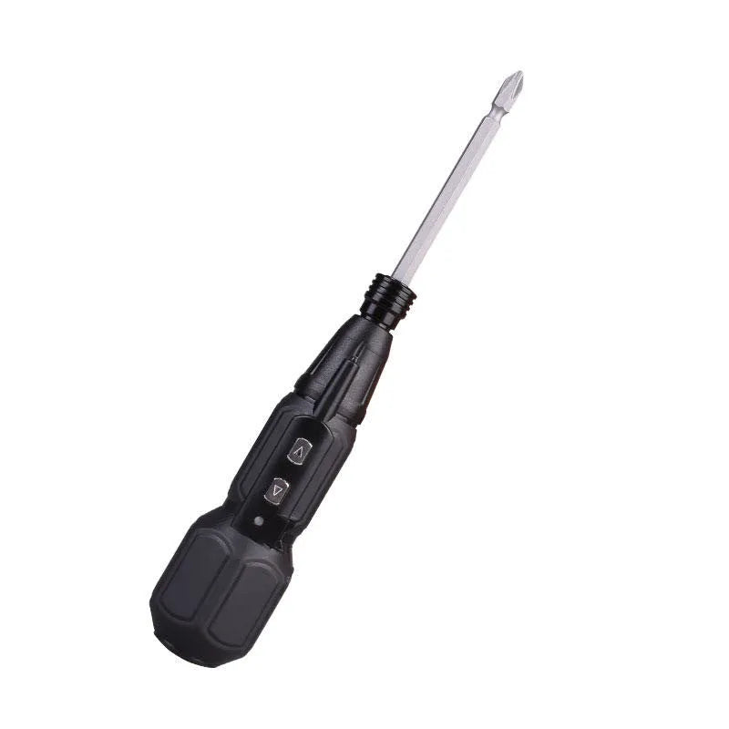 Black and blue alloy steel straight handle 36V electric screwdriver on a workbench.