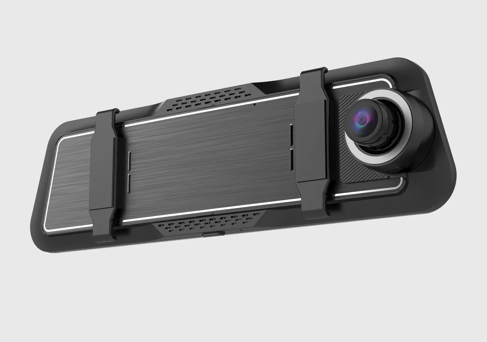 Black dual-lens driving recorder with 9.66-inch screen mounted on a car rearview mirror.