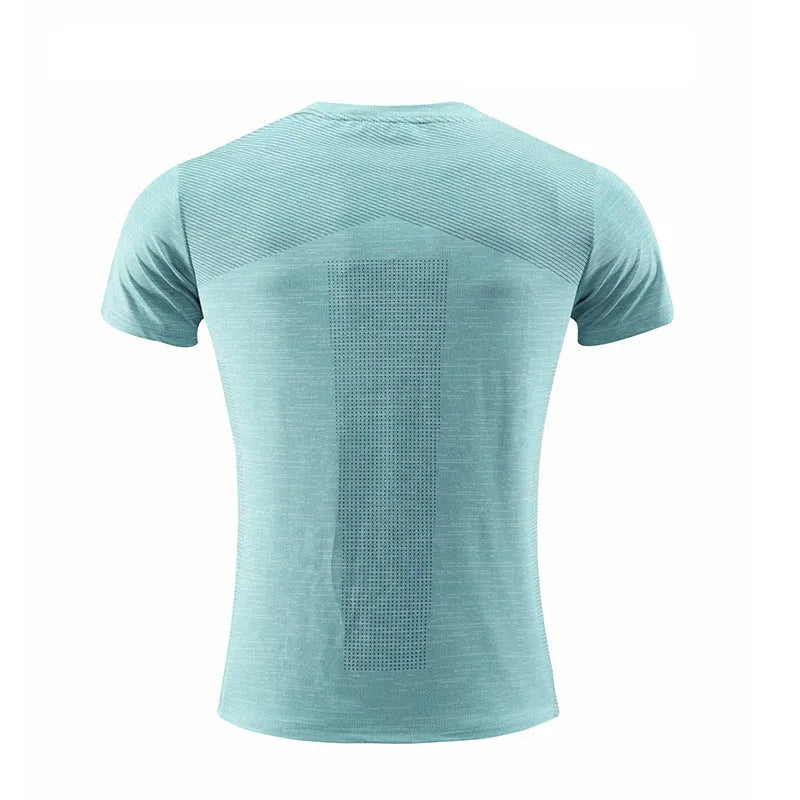 Short sleeve red sports t-shirt made from polyester spandex fabric for running and exercise.
