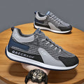 Men's green and grey lightweight mesh running shoes with lace-up front and round toe.