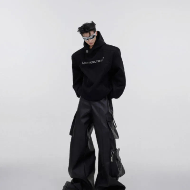 Men's red hooded sweater with three-dimensional printing design and structured shoulder pads in loose fit