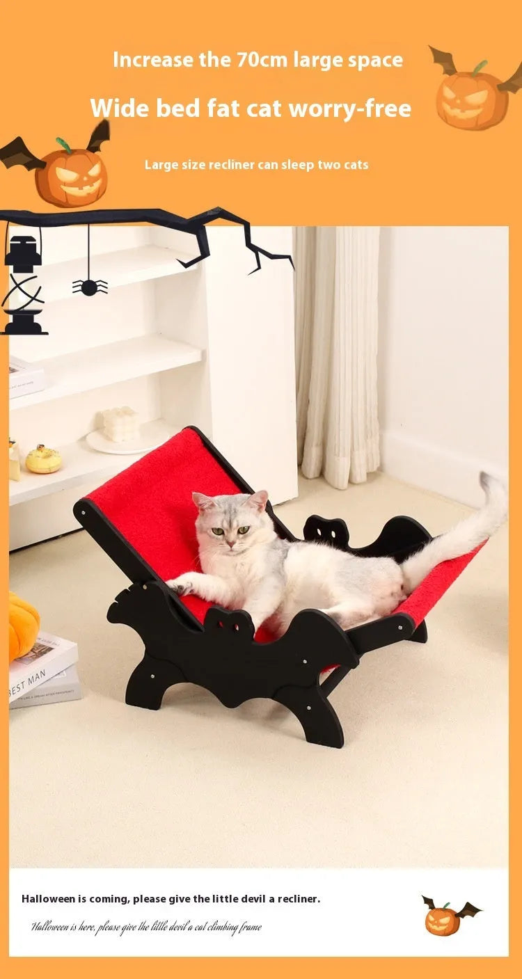 Black and red Halloween style wooden cat recliner lounge chair for indoor pet use