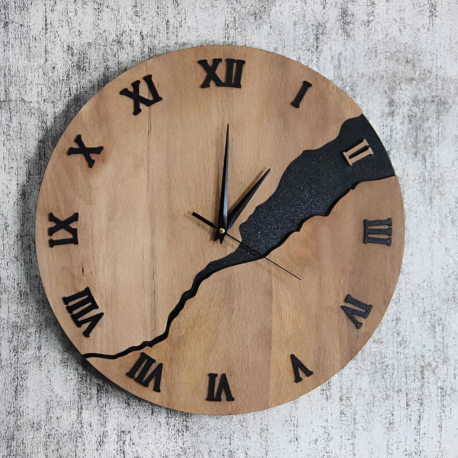 Modern wooden wall clock with creative crack finish and silent quartz movement for home decor