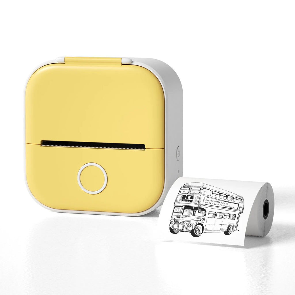 Phomemo T02 mini thermal label printer in white with Bluetooth icon and thermal paper roll, compact 87mm x 90mm x 40mm