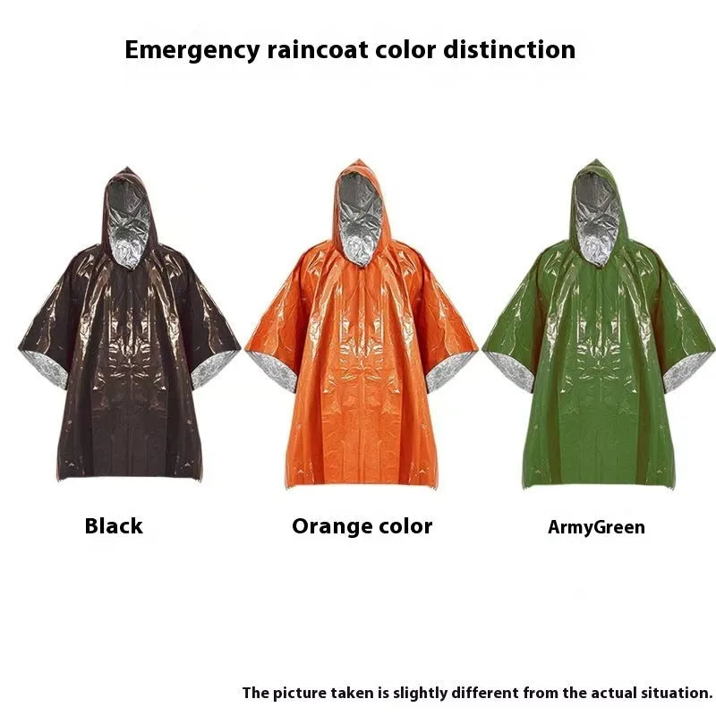 Orange or army green Marathon raincoat laid flat showing its 100x130cm size for one person.