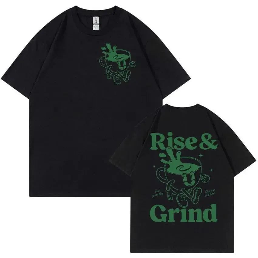 Loose fit linen t-shirt with Rise and Grind cartoon graphic print in multiple colours