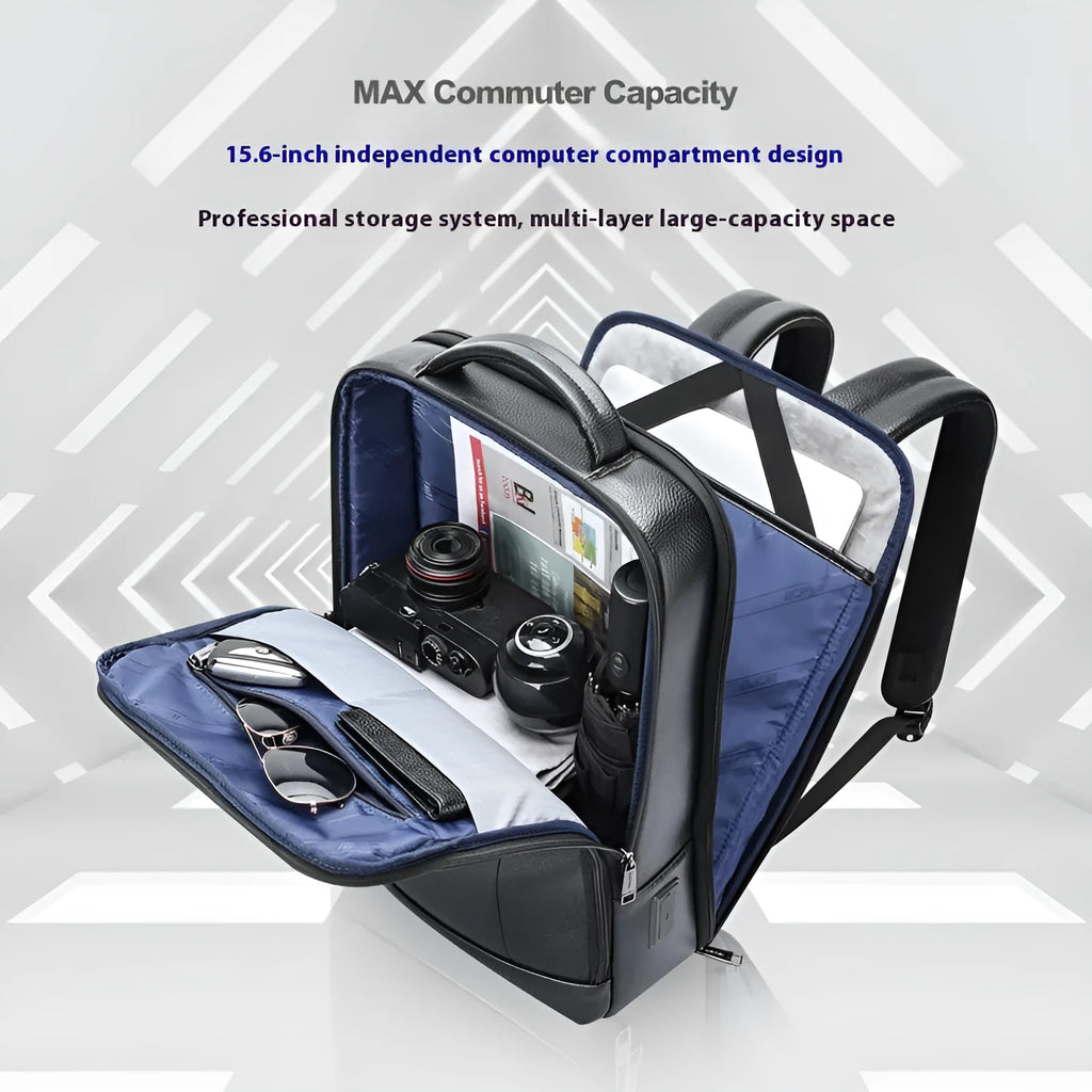 Black leather business backpack for men with USB charging port and curved shoulder straps