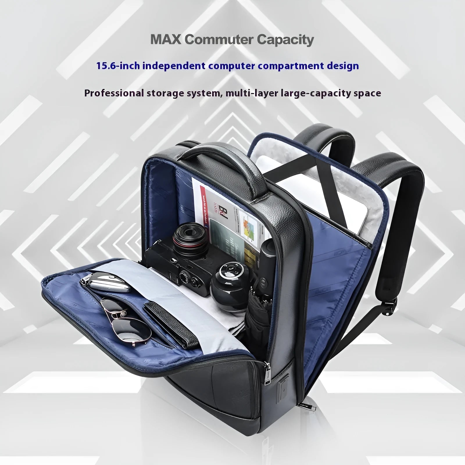 Black leather business backpack for men with USB charging port and curved shoulder straps