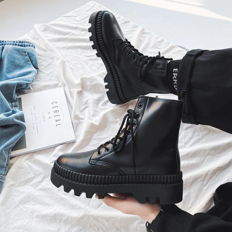Men's black platform Dr. Martens boots with frosted leather, 8-hole high-top design, lace-up front and side zipper
