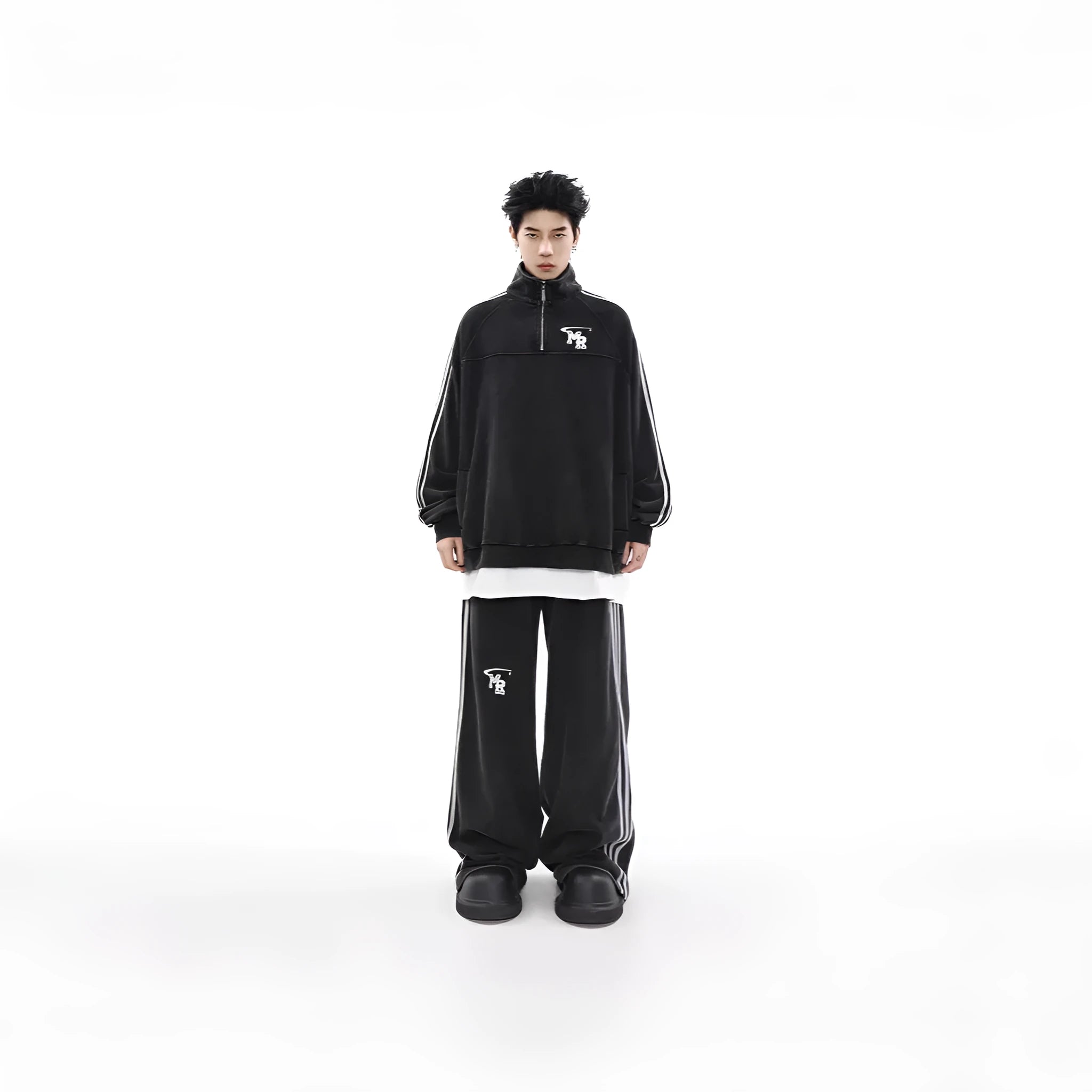 Black retro style men's stand collar hoodie jacket on a grey background.