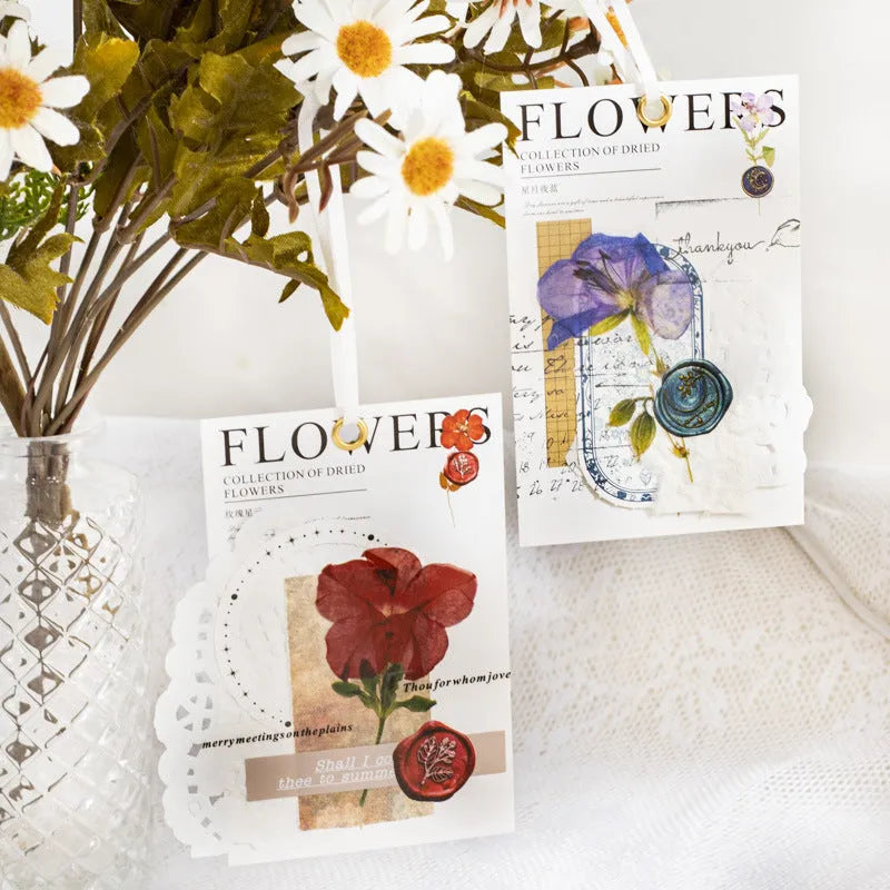 Creative dried flowers journal decoration sticker package showing eight colour variations on PET material