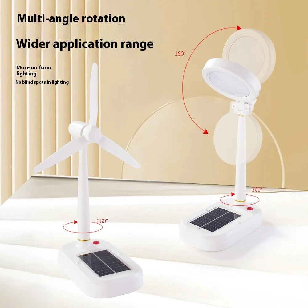 Ivory white solar charging table fan with dual-purpose LED study lamp on desk