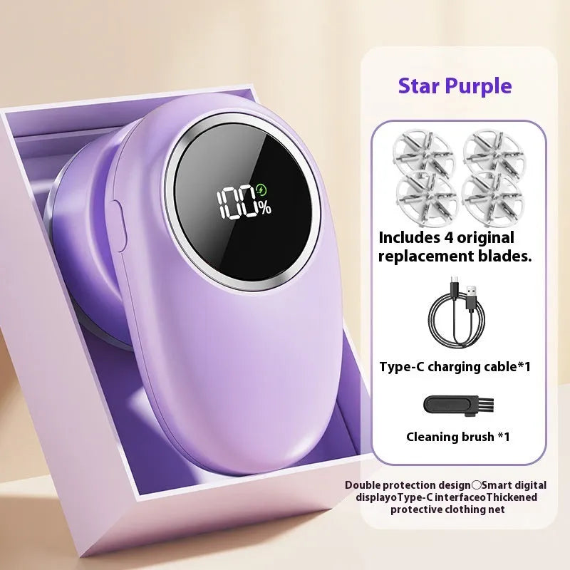 Purple and beige electric fur ball trimmer with digital display and multiple cutter head options on a table.
