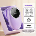 Purple and beige electric fur ball trimmer with digital display and multiple cutter head options on a table.