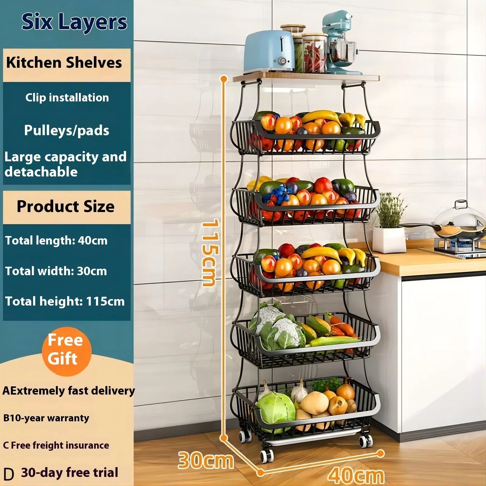 Black six-layer carbon steel kitchen floor storage rack with foldable design