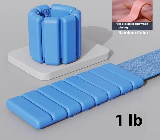 Silicone fitness bracelet with Velcro strap shown in pink, black, grey, and blue colours, with 1lb and 2lb weight options.