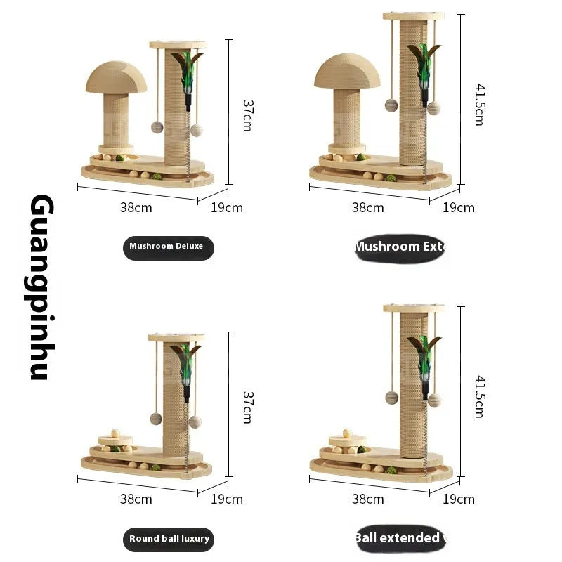 Solid wood cat scratching post with turntable and climbing frame in natural wood finish