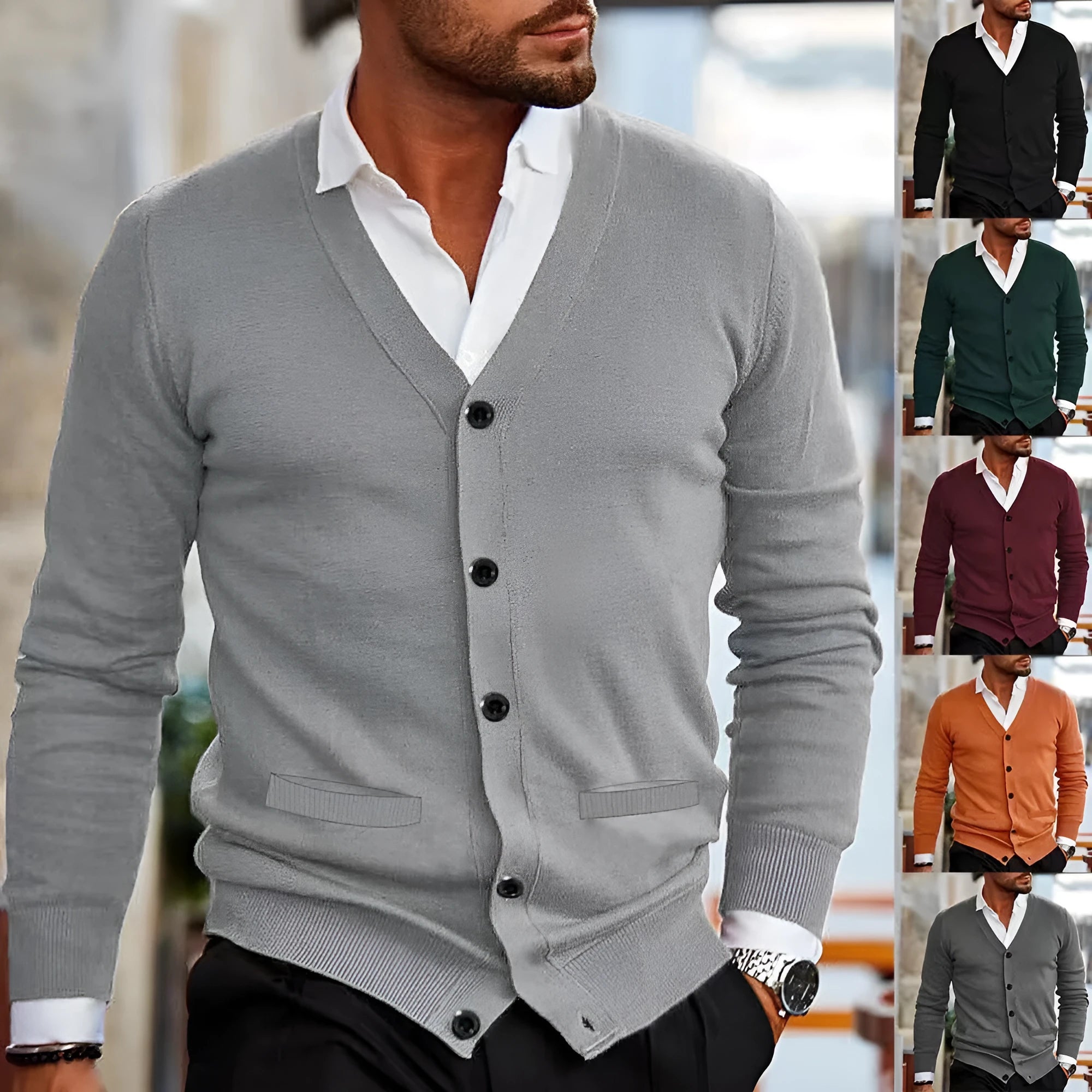 Men's slim fit acrylic cardigan sweater in a range of colours including black, grey, and wine red.