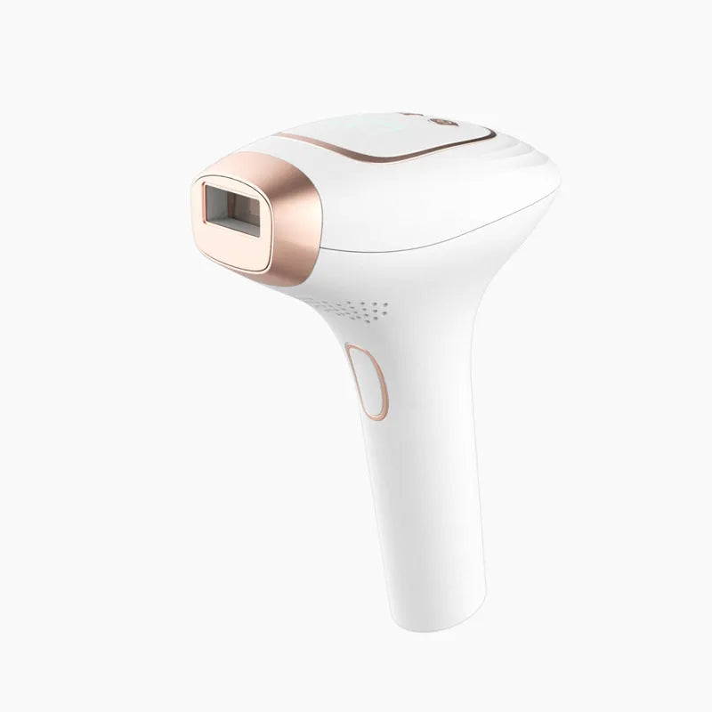 Pink and white three-in-one ice-sensing laser hair removal device with shaver attachment on white background