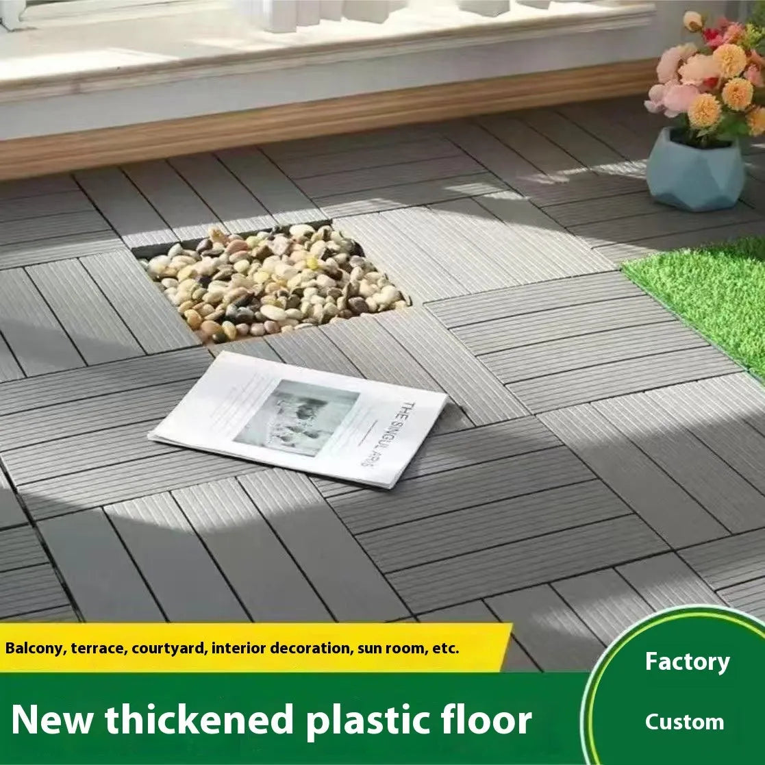 Pack of ten interlocking wood grain plastic floor tiles showing non-slip textured surface.