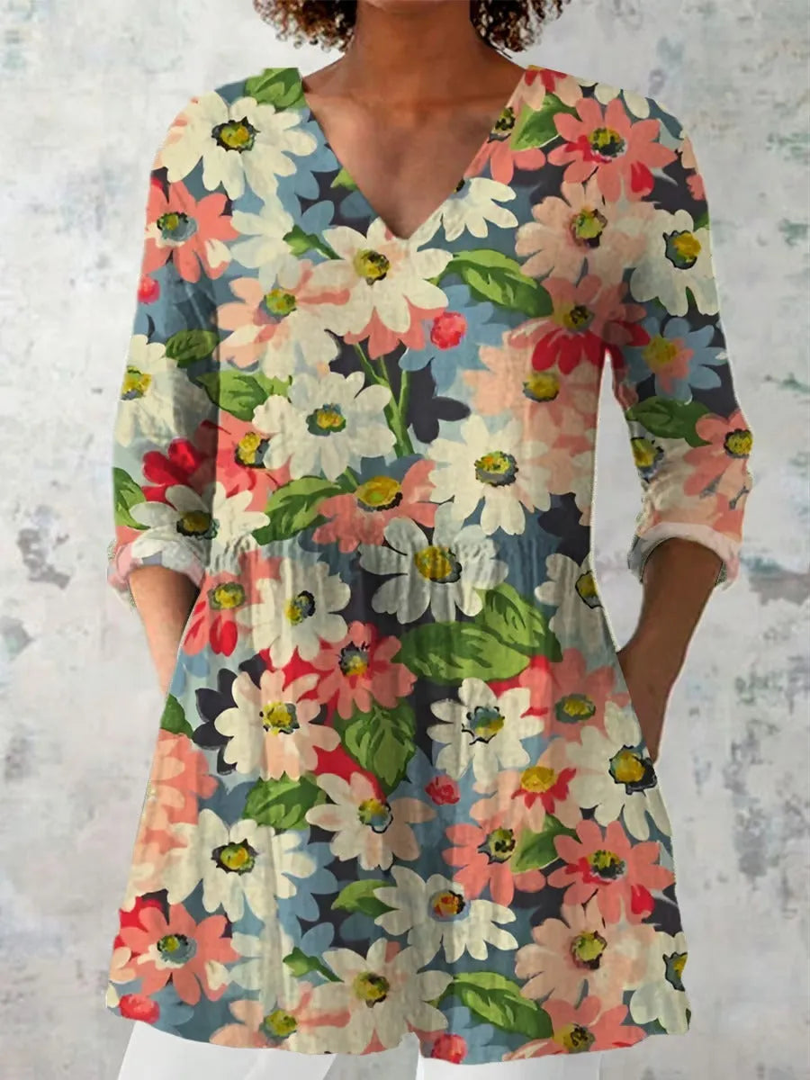 Women's slim-fit long-sleeved retro top with a digital print design on polyester fabric.