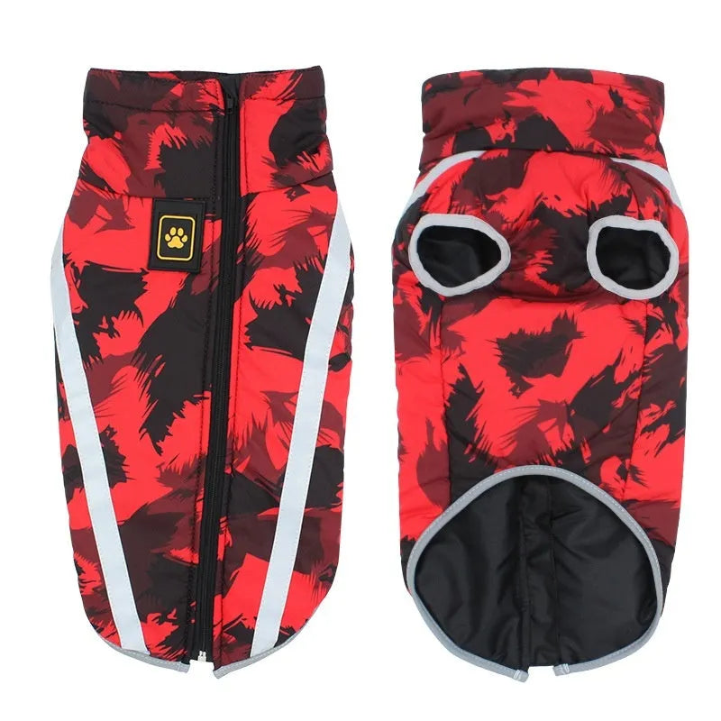 Dog wearing reflective winter jacket with geometric pattern design