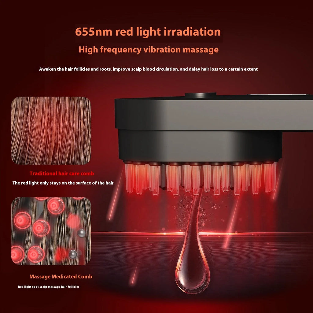Smart massage comb with red light therapy function in pink colour option showing compact size