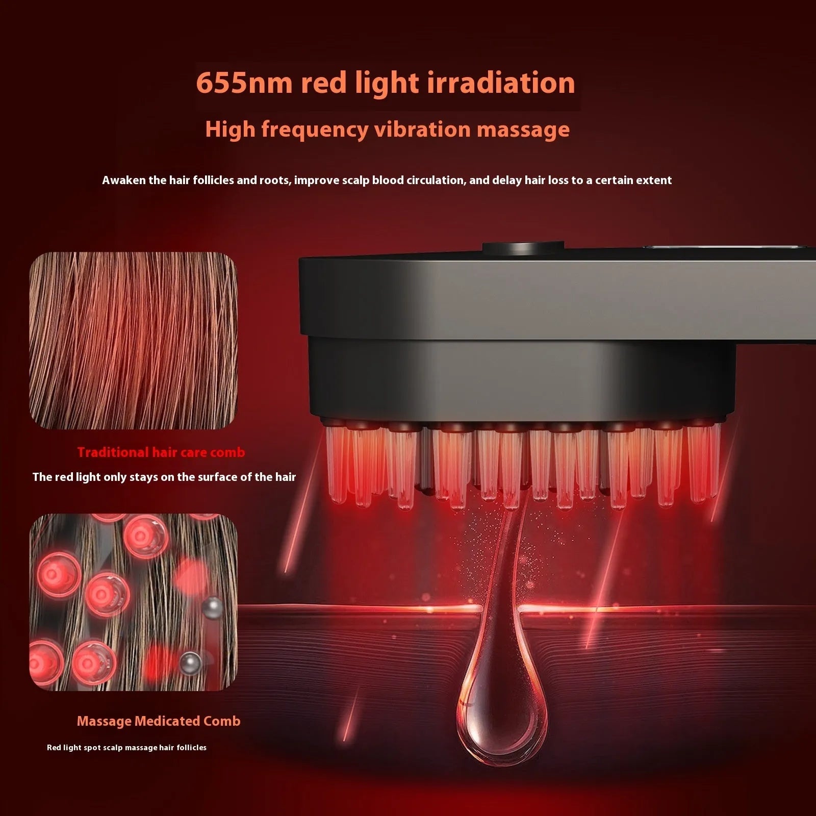 Smart massage comb with red light therapy function in pink colour option showing compact size