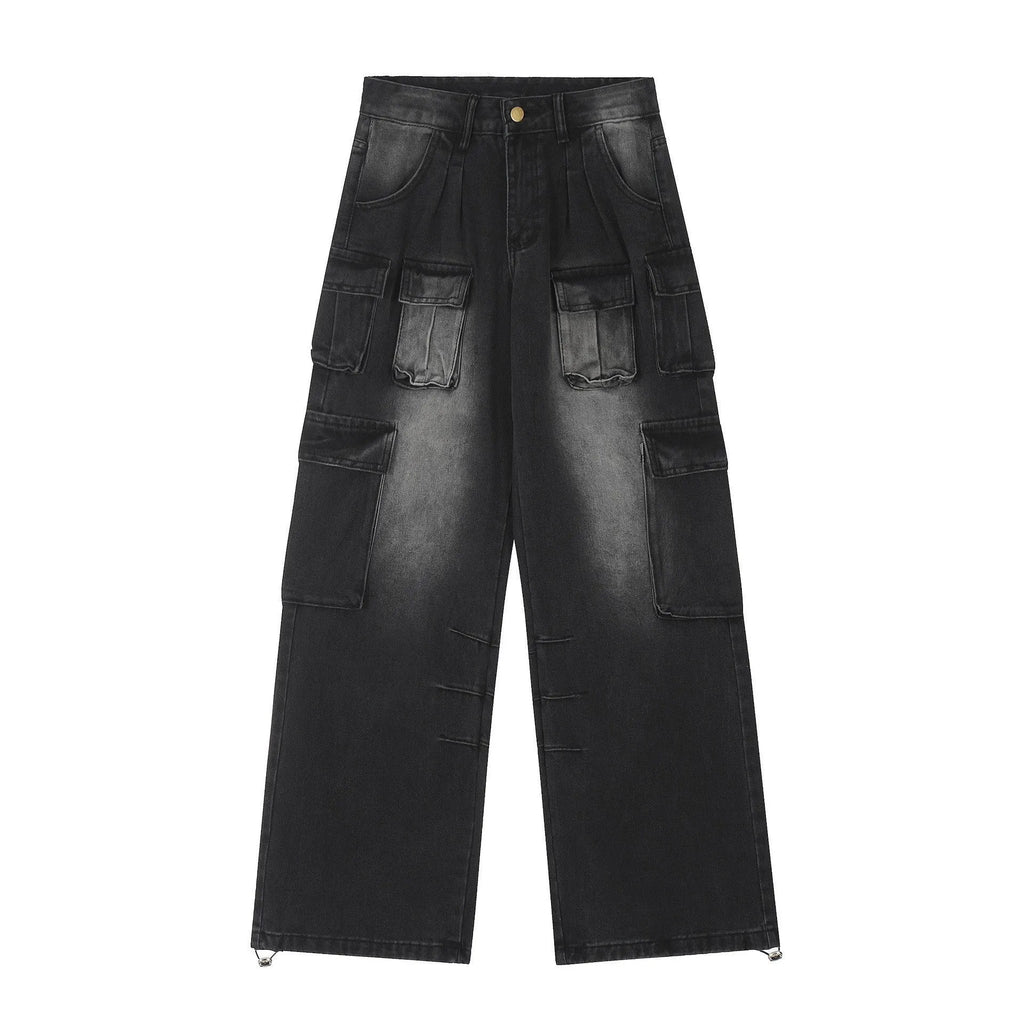 Loose fit denim pants with multiple pockets in washed distressed light blue finish