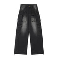 Loose fit denim pants with multiple pockets in washed distressed light blue finish