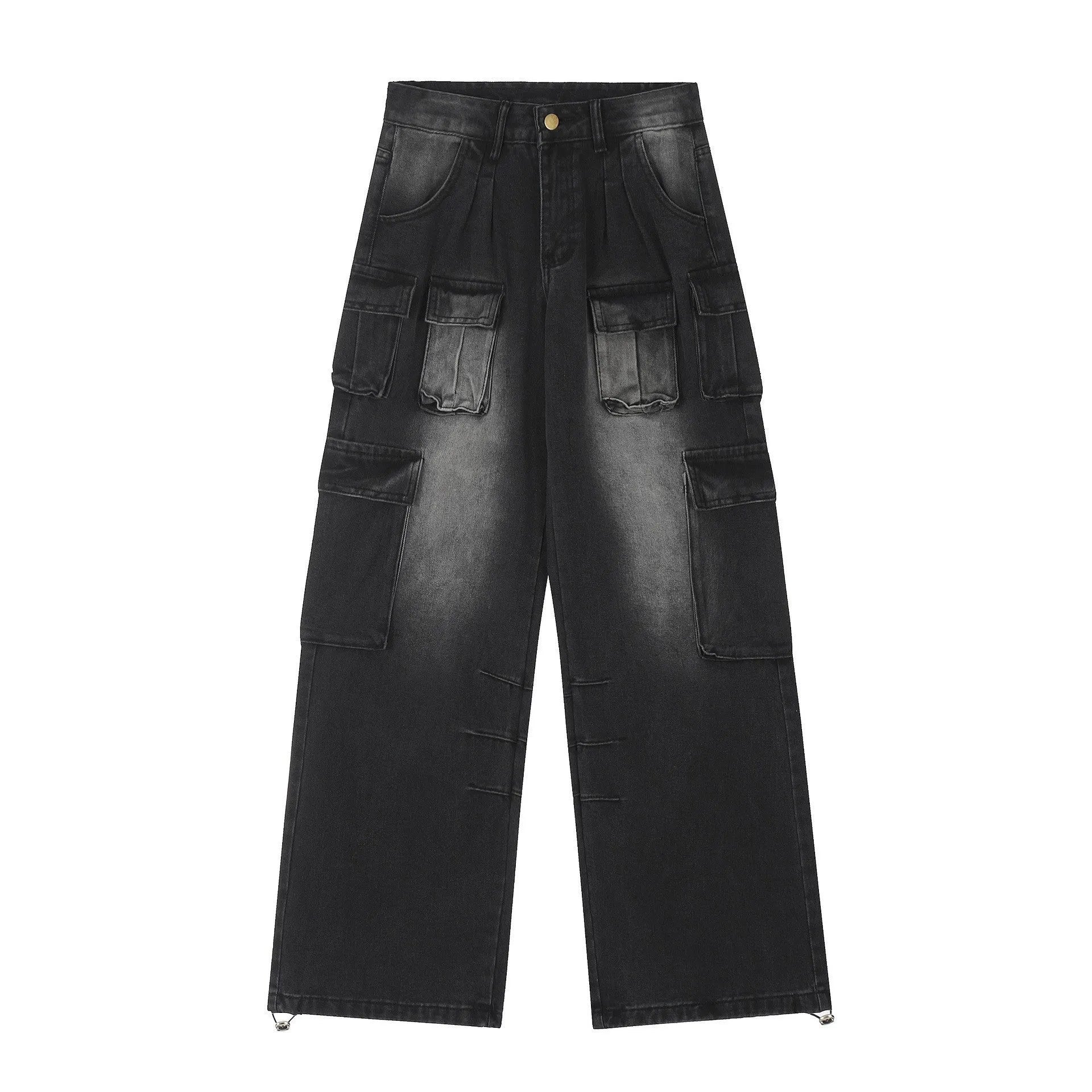 Loose fit denim pants with multiple pockets in washed distressed light blue finish