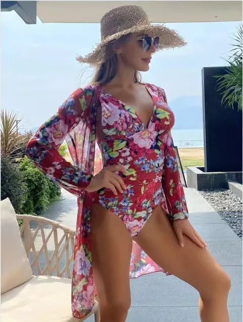 Women's floral print tight bikini and matching cover-up set in a choice of seven colours.