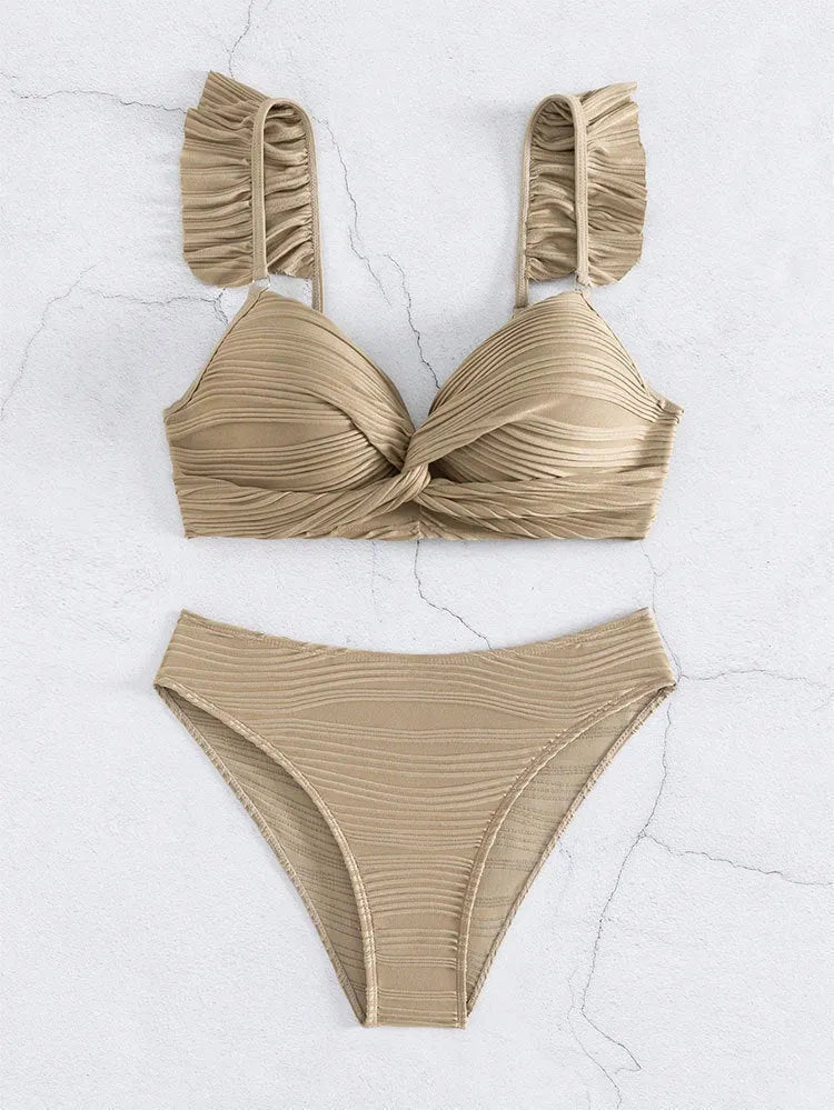 Solid black and khaki women's two-piece bikini swimsuit on hanger