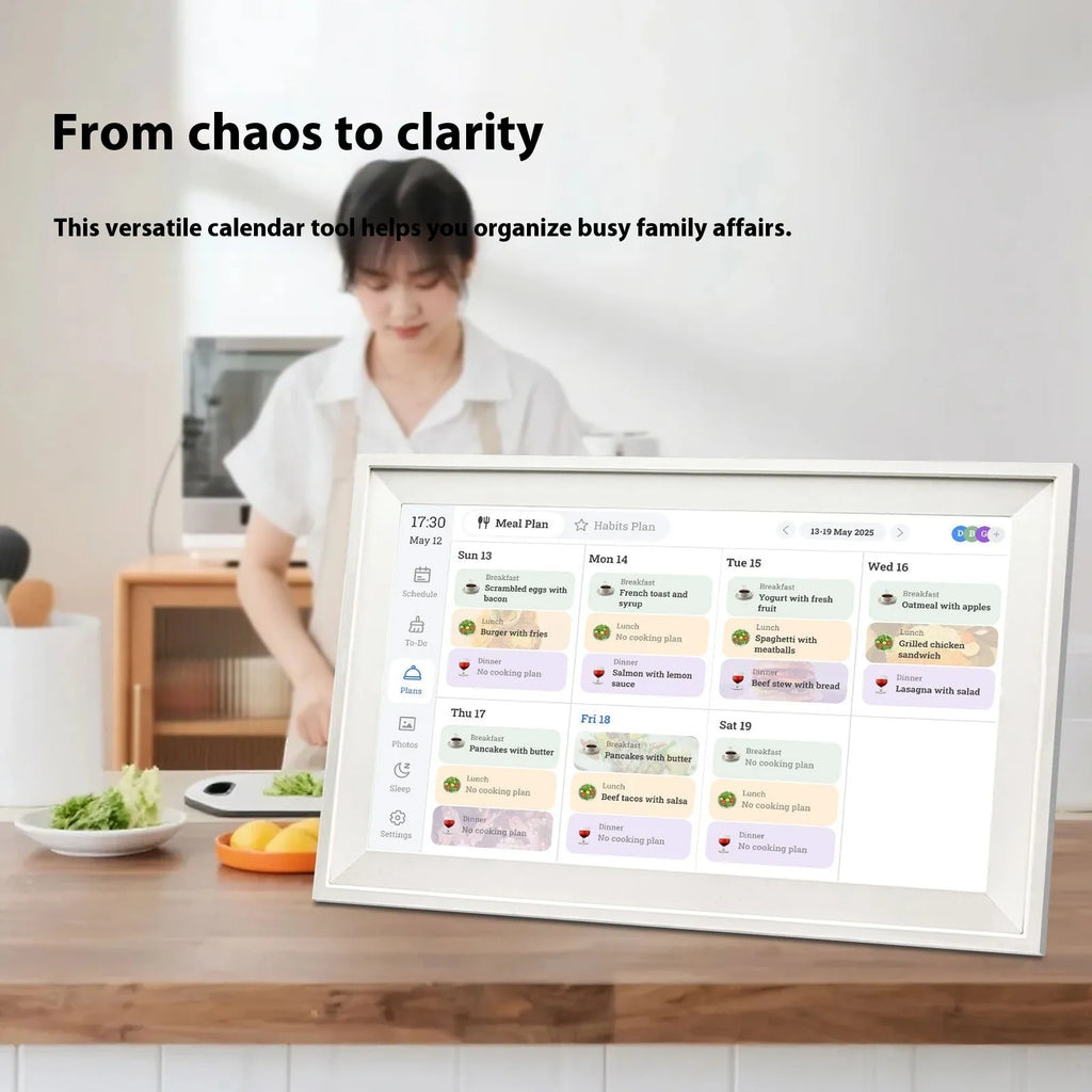 White 15.6 inch smart digital photo frame with Full HD screen on tabletop with mobile app connection